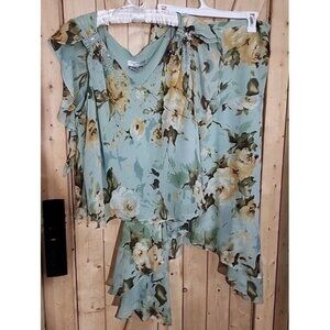Vtg Adrianna Papell Womens Green Beige Floral Silk Top Asym Skirt Set Sz 16/18